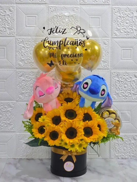 Girasoles con Pareja de stitch y chocolates